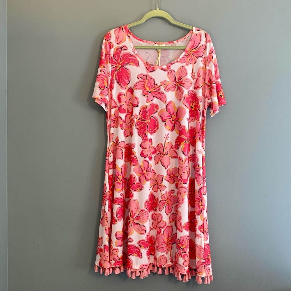 Simply Southern NWT Dress Hibiscus Pattern Short Sleeve Tassel Hem Sz XL